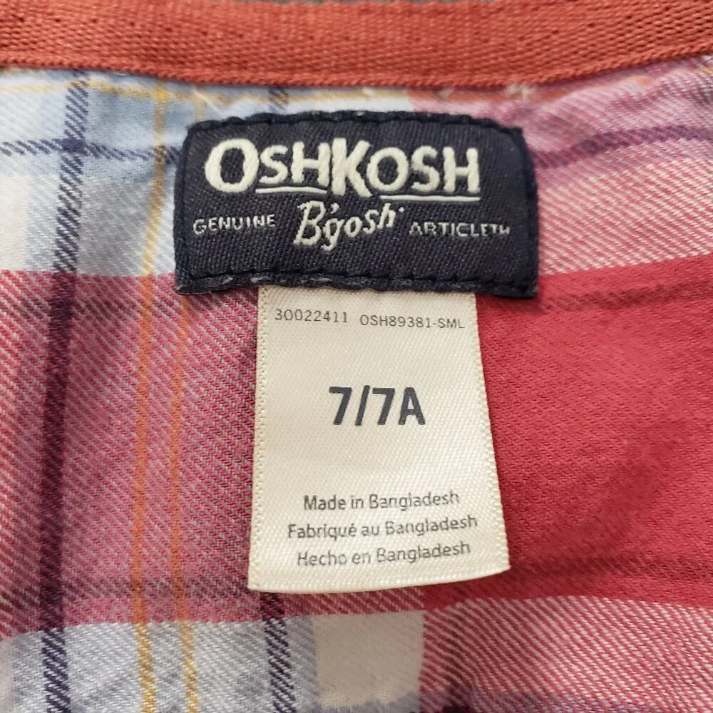 OshKosh Boys Size 7 Plaid Hooded Shirt Red Blue Button Down